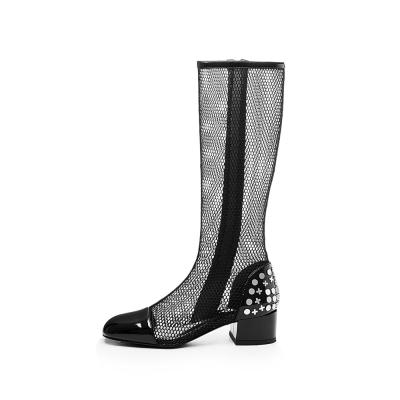 China Around 2021 New Trends Hollow Out Mesh Leather Chunky High Heels Women Knee High Boots for sale