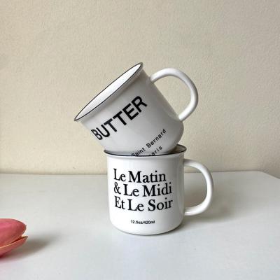 China Europe Korean Style Handle Cup Milk Coffee Mug Letter Water Cup Couples White French Ceramic Mug for sale