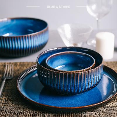 China Stocked high quality large soup noodle bowl with blue ceramic bowl sim stripe decor fruit color egg shape bowl for sale