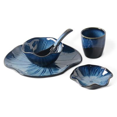 China Japanese Style Kiln Stored Changing Color Glazed Irregular Dinnerware Dish Dish Blue Glazed Ceramic Dinnerware Sets for sale