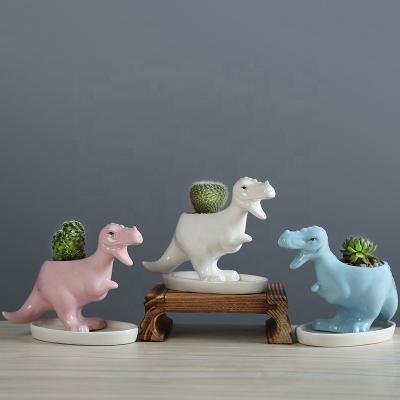 China Rose Ceramic Succulent Garden Flower Pot Europe Dinosaur Desktop Decoration With Tray Creative Dinosaur Flower Planter pot for sale