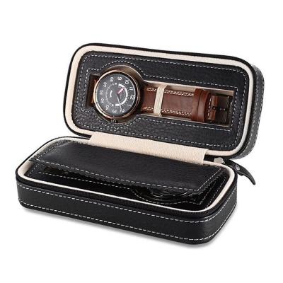 China Recyclable Custom Design Logo 2 Grids Watch Packaging Box Men PU Leather Travel Wristwatch Organizer Black Watch Box Set Luxury Watch Box for sale