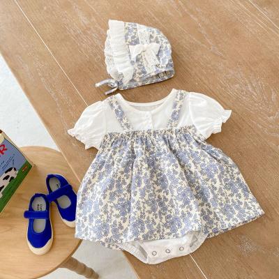 China Central Statistical Institute of Europe and America 2022 summer triangular little princess broken flower full moon clothes baby clothes set with hat jumpsuit for sale