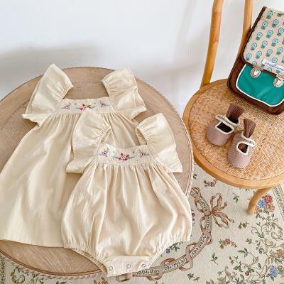 China Central Statistical Institute of Europe and America 2022 Summer Baby Girl Sister Dress Baby Romper Dress Infant Flower Embroidered Skirt + Large Cotton Fly Sleeve Khaki Dress for sale