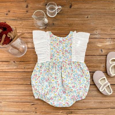 China Europe and America 2022 summer baby romper newborn baby short sleeved breathable girl solid color sapphire flower lace baby clothes female for sale