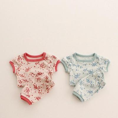 China OEM Style 2022 Newborn Baby Home Set Baby Summer Clothes Cotton Pajamas Flower Rib Loose Set Kids Children Clothing Boy S Clothing Suit for sale