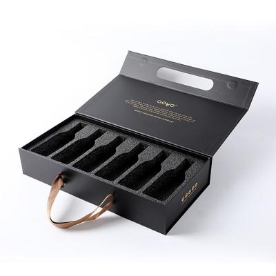 China Custom Materials Logo Matte 6 Bottles Wine Handle Black Handle Wine Packaging Box Recycled Rigid Wine Gift Box With Eva Foam Insert for sale