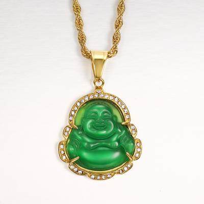 China Latest New Stainless Steel Religious Green Red Purple Jade Agate Laughing Baby Buddha Pendant Necklace for sale