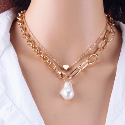 China Eco-friendly (2021 Korean fashion jewelry female necklace nickel pearl necklace women girl gold color double layer chain free cute pearl pendant Korean for sale