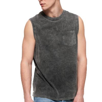 China QUICK DRY Acid Cool Street Wear Boy Fashion O-Neck Wash Black Vintage Oversized Men's Sleeveless Vest With One Pocket for sale