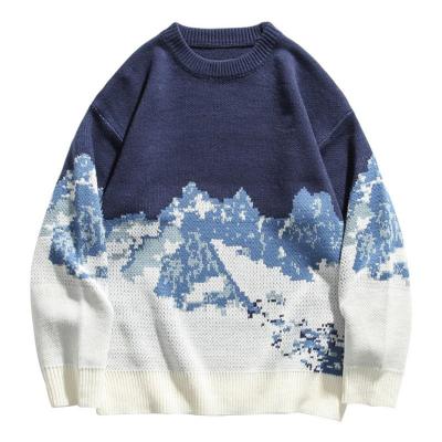 China Anti-wrinkle Autumn Winter Snow Mountain Print Knitted Sweater Men Long Sleeve O-neck Blue Black Oversized Male Sweaters for sale