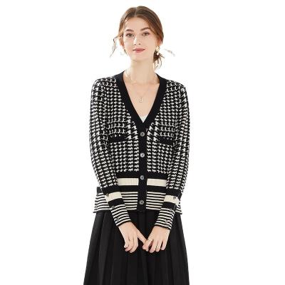 China Anti-wrinkle Winter Sweaters Ladies Houndstooth V-Neck Women's Cardigan Sweater Coat for sale