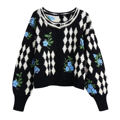 China 2022 Autumn Floral V-neck Cardigans Anti-wrinkle Long Sleeve Sweaters Knitted Cardigan Sweater Women for sale