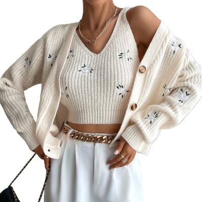 China Anti-wrinkle fashion clothes for women 2 piece sets vest cardigan coat floral v-neck women knit set for sale