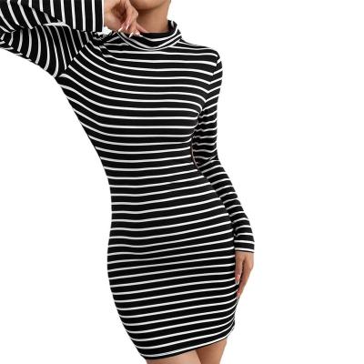 China Anti-Wrinkle Girls Turtle Autumn Superfine Striped Sexy Neck Knitted Sweater Backless Dress For Women for sale