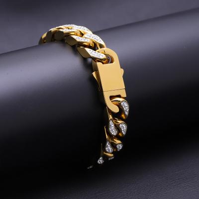 China Lead-free European and American nickel-free hip hop inlaid diamond trend gold plated Cuban chain bracelet for sale