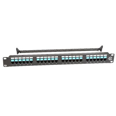 China Toolless 2021 High Quality Cat5E Utp Network Rj45 24 Ports Patch Panel Cable Management for sale