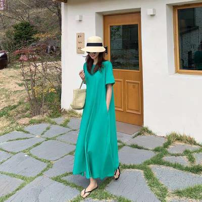 China Washable women loose 2021 summer new arrivals Korean style fashion knitted casual dress loose sleeve green dress shorts washable for sale