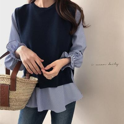 China 2021 Spring And Autumn Korean Round Neck Ruffled Ladies Shirts + Vest Suit Ladies Literary Stylish Knitted Set for sale