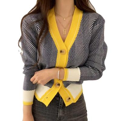 China 2021 Wholesale Viable Autumn Elegant Female OL Wind Jacket V-Neck Springs And Contrast Straight Cardigan Knitted Jacket for sale