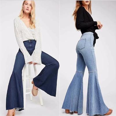 China 2021 spring and summer women'sDenim fashion denim retro wholesale new personality casual loose stitching flare pants for sale