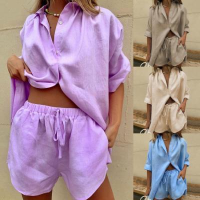 China 2021 Summer New Style Lapel Shorts Straight Sleeve Shirt Straight Two-piece Wide-leg Pants Shorts Women Lace Up Set for sale