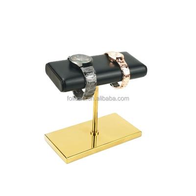 China Leather Metal in Stand Wholesale Luxury Leather Pillow Base Golden Stocks Gold Display Jewelry Watch Jewelry Display Stand for sale