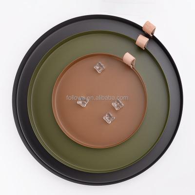 China Home Hotel Restaurant Metal Round Tray With Leather Handle for sale