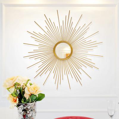 China Customized European Light Creative Minimalist Metal Sun Mirror Wall Hanging Decor Light Art Crafts Home Wall Decor Luxury For Living Room for sale