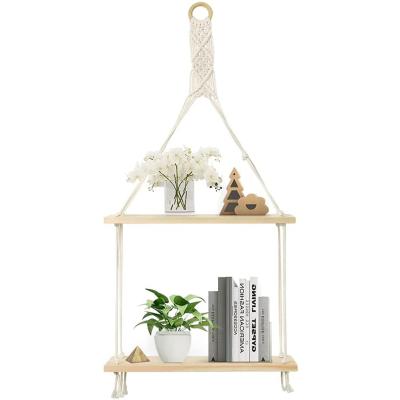 China 2 Tier Boho Decor Cute Eco-friendly Cotton Rope Floating Macrame Shelves For Bedroom Bathroom Living Room Shelf Plant Wall Hanging Shelf for sale