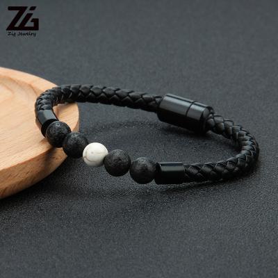 China Fashion Trendy Black Lava Stone Leather Men's Bracelet Bead Bracelet for sale