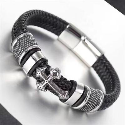 China Stainless Steel Punk Adjustable Magnetic Buckle Male Black Leather Cross Bracelet for sale