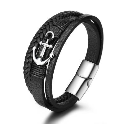 China FASHIONABLE New Mens Stainless Steel Leather Bracelet Handmade Anchor Bracelet for sale