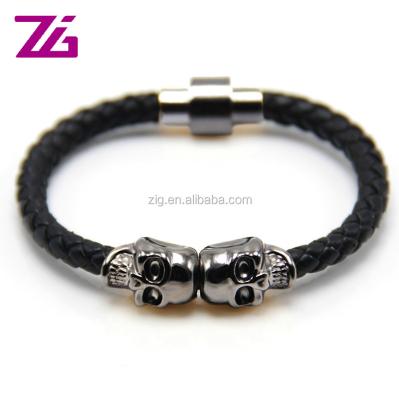 China Wholesale Punk Black Style Genuine Magnetic Mens Cheap Skull Leather Bracelet for sale