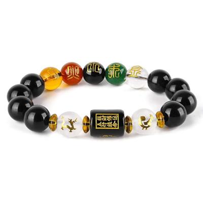 China Chinese Style Obsidian Zodiac Five-element Fengshui Wealth Porsperity Crystal Charm Bead Bracelet For Men for sale