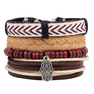 China Wholesale New Wind Punk Leather Beaded Leather Woven Men's Bracelet for sale