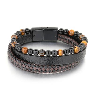 China Natural Stone Leather Tiger Eye Fashion Hot Selling Pearl Bangle Stainless Steel Bracelet for sale