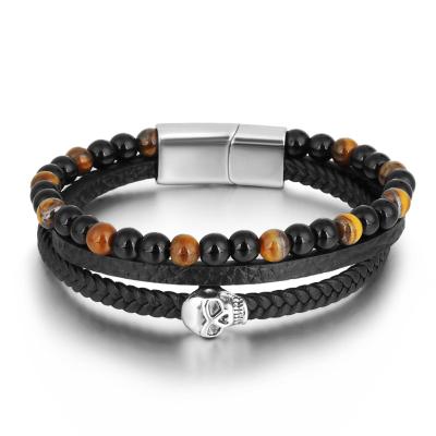 China Punk Style Braided Rope With Skull Accessories Mixed Color Beads Leather Men's Bracelet for sale