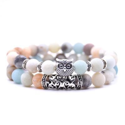 China New Trendy Multicolor Men and Women's Owl Bracelet Set Elastic Line 8mm Tiger Eye Beads for sale