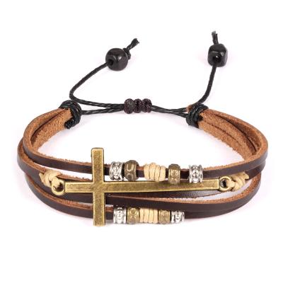 China Roman Cross Beaded Leather Luxury Punk Accessories Trim Leather Bracelet Men for sale