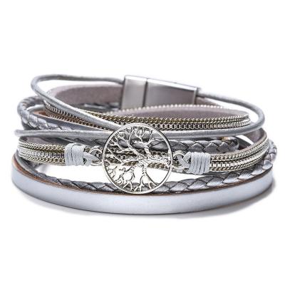 China Tree of Life Freshwater Pearl Ethnic Gray Long Women Leather Bracelet for sale