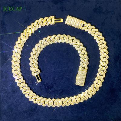 China Fine 15mm Baguette Hip Hop Jewelry Bracelet Necklace and Gold Plated Round Moissanite Jewelry Set Hip Hop Cuban Chains for sale