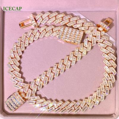 China Silver Chain Moissanite Diamond Bracelet For Rapper HipHop Cuban Link Hiphop Necklace 925 Heavy Solid Rose Gold Trapezoid Cuban Chain for sale