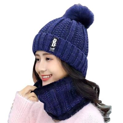 China Fashion Women's Cute Ski Hat Slouchy Knit Skull Winter Pom Beanie Hat Scarf Set Girls Hat With Striped Fleece for sale