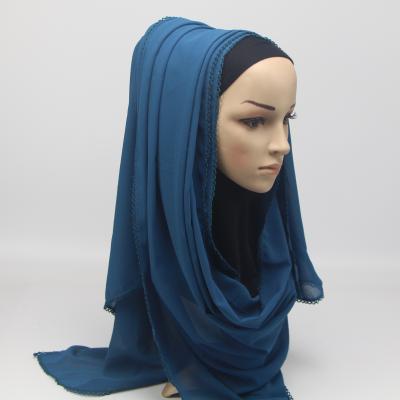 China Solid Color Muslim Daily Hijab Plain With Lace 70*180cm Malaysia Chiffon Fabric Scarf Ladies Head Scarf for sale