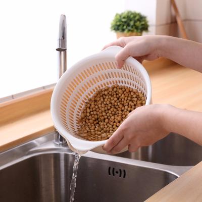 China Kitchen Supplies Plastic Double Layer Rice Laundering Machine Thickened Dense Hole Washing Fruit Drain Basket Vegetable Grain Draining Basin for sale