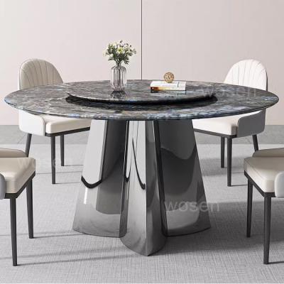 China Custom Design Soft Contemporary Stainless Steel Pedestal Revolving Gold Hotel Restaurant Royal Luxury Round Marble Dining Tables for sale