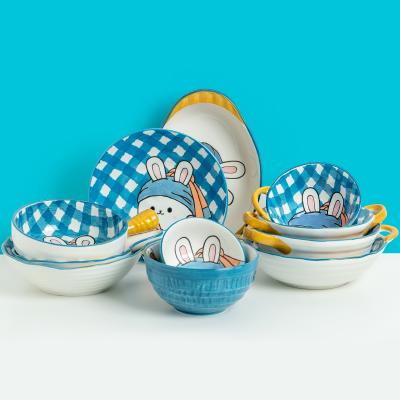 China Viable Cute Blue Simple Handle Dish Cartoon Restaurant Household Tableware Set Ceramic Tableware for sale