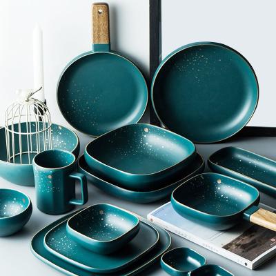 China Viable High Fashion Dinnerware Set Retro Green Nordic Ceramic Dinnerware Set for sale