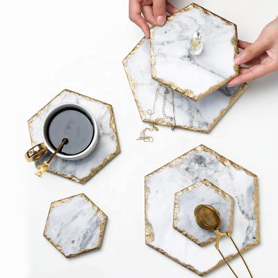 China Godinger Art Hexagon White Marble Coasters Viable Gold Silver Edge for Home and Kitchen for sale